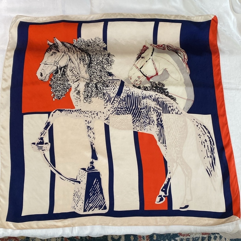 Equestrian Print Scarf Navy Blue Red Cream 33"X 34"